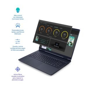 Laptop azul abierta mostrando teclado e interfaz de rendimiento Alienware Command Center en pantalla.