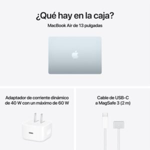 Infografía del contenido de la caja con el portátil de 13 pulgadas, cargador de 40W y cable MagSafe