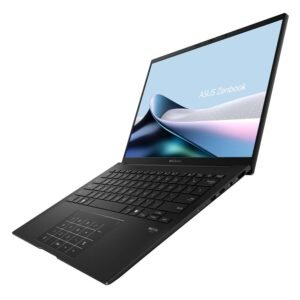 Laptop ASUS Zenbook abierta mostrando teclado, pantalla encendida y panel numérico táctil integrado.