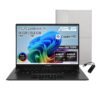 Laptop ASUS Zenbook 14 abierta, con funda protectora gris y adaptador USB a Ethernet.