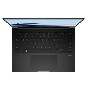 Vista cenital de laptop negra abierta mostrando teclado QWERTY y panel táctil.