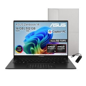 Laptop ASUS Zenbook 14 abierta, con funda protectora gris y adaptador USB a Ethernet.