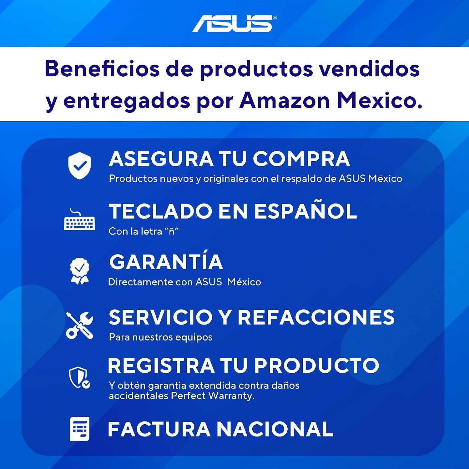 Beneficios de compra ASUS México Infografía con beneficios de productos ASUS vendidos y entregados por Amazon México.