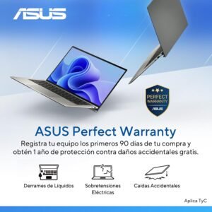 Laptop ASUS mostrando cobertura de garantía contra derrames, sobretensiones y caídas accidentales.