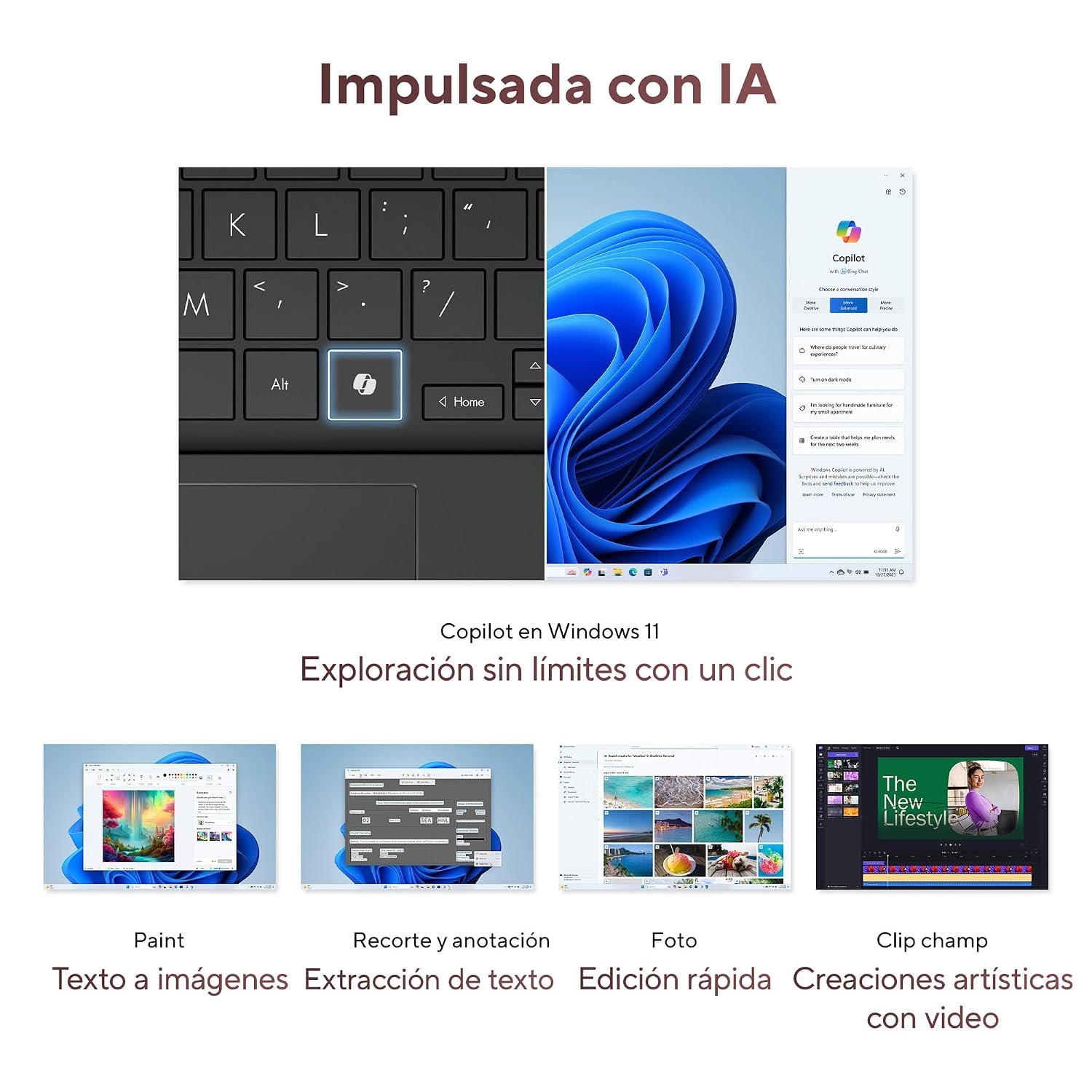 Funciones de IA en Windows 11 Teclado con tecla Copilot y ejemplos de aplicaciones de Windows 11 con inteligencia artificial.