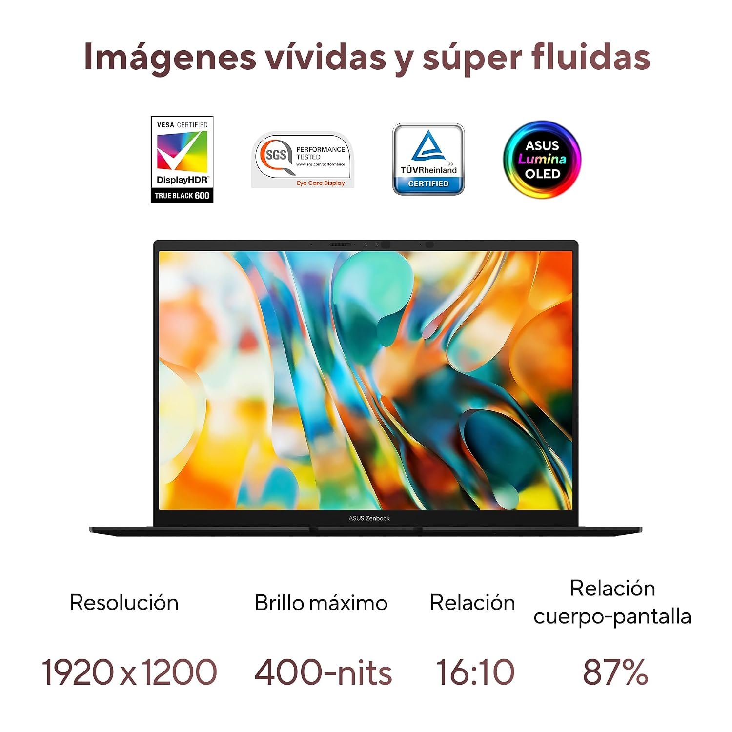 Especificaciones de pantalla ASUS Zenbook Laptop ASUS Zenbook mostrando especificaciones técnicas de pantalla y certificaciones de calidad visual.
