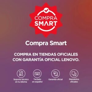 Sello de Compra Smart que destaca la garantía oficial de Lenovo, teclado en español, soporte técnico en tu idioma y disponibilidad de repuestos oficiales.