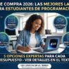 Estudiante universitaria de informática escribiendo código en una laptop. Infografía interactiva con recomendaciones de las mejores laptops para estudiantes de programación en 2026, abarcando presupuestos para desarrollo web, inteligencia artificial, creación de videojuegos y aplicaciones móviles.