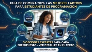 Estudiante universitaria de informática escribiendo código en una laptop. Infografía interactiva con recomendaciones de las mejores laptops para estudiantes de programación en 2026, abarcando presupuestos para desarrollo web, inteligencia artificial, creación de videojuegos y aplicaciones móviles.