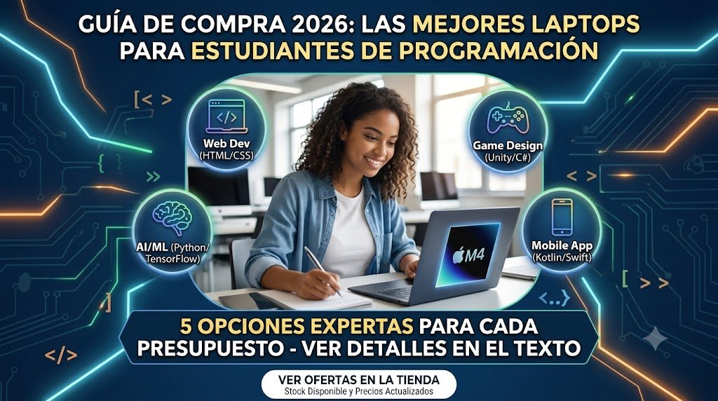 Estudiante universitaria de informática escribiendo código en una laptop. Infografía interactiva con recomendaciones de las mejores laptops para estudiantes de programación en 2026, abarcando presupuestos para desarrollo web, inteligencia artificial, creación de videojuegos y aplicaciones móviles.