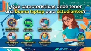 Una infografía educativa en español detallando los factores clave para elegir la mejor laptop para estudiantes, como rendimiento, duración de batería, portabilidad, almacenamiento, durabilidad y precio. Una estudiante ilustrada aparece en un entorno de estudio.