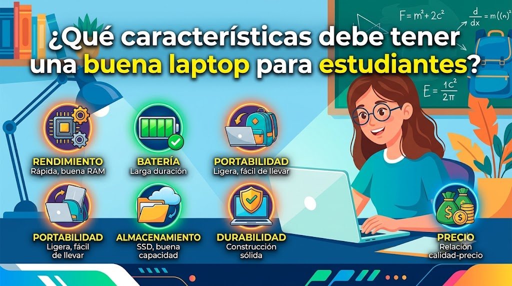 Una infografía educativa en español detallando los factores clave para elegir la mejor laptop para estudiantes, como rendimiento, duración de batería, portabilidad, almacenamiento, durabilidad y precio. Una estudiante ilustrada aparece en un entorno de estudio.