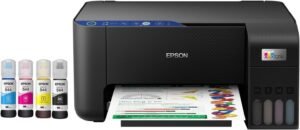 Impresora epson ecotank l3251 con botellas de tinta de colores y hoja impresa.
