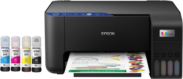Impresora epson ecotank l3251 con botellas de tinta de colores y hoja impresa.
