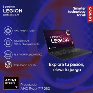 Resumen de especificaciones de la laptop Lenovo Legion con procesador AMD Ryzen 7 260, 16GB de RAM, 1TB de almacenamiento y pantalla WUXGA impulsada por IA.