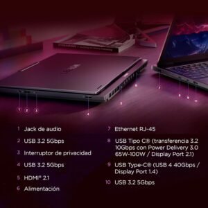 Vista detallada de los puertos laterales y traseros de la laptop Lenovo Legion, identificando entradas como USB-C, HDMI 2.1, Ethernet RJ-45 y jack de audio.