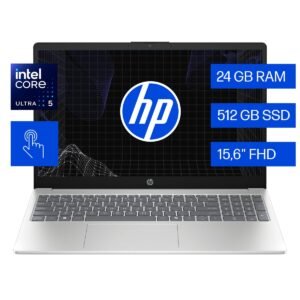 Laptop HP plateada con pantalla encendida, teclado numérico y especificaciones técnicas en recuadros azules.