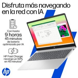 Laptop HP abierta mostrando hoja de cálculo y detalles de batería e IA.