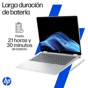 Laptop HP plateada con lápiz óptico, mostrando duración de batería de 21 horas.