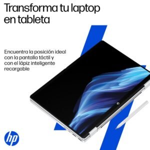 Laptop HP en modo tableta junto a un lápiz digital sobre fondo blanco.