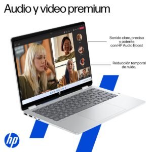 Laptop HP abierta mostrando una videollamada grupal con anotaciones sobre audio y video.