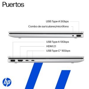 Diagrama mostrando los puertos laterales de una laptop HP con sus especificaciones técnicas.