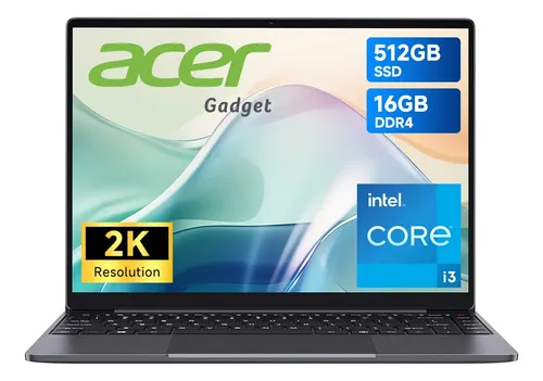Laptop Acer con pantalla 2K, procesador Intel Core i3, 16GB RAM y 512GB SSD.