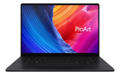 Laptop ASUS ProArt Ryzen AI 9 frontal Laptop ASUS ProArt Ryzen AI 9 mostrando pantalla principal con fondo colorido