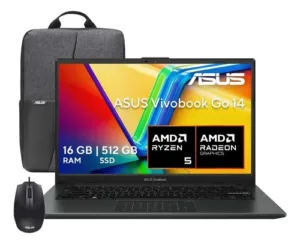 Laptop asus vivobook go ryzen 5 con accesorios incluidos como mochila y mouse