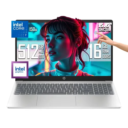 Laptop HP 15-fd0127dx Intel Core 7 mostrando pantalla táctil de 15.6 pulgadas y especificaciones técnicas