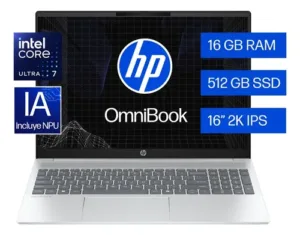 Laptop HP OmniBook 5 AI 16-af1072la mostrando pantalla principal con especificaciones técnicas
