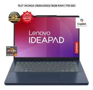 Laptop lenovo ideapad slim 3 15ARP10 mostrando su pantalla principal y especificaciones técnicas