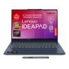 Laptop Lenovo IdeaPad azul con pantalla táctil y lápiz óptico en primer plano.