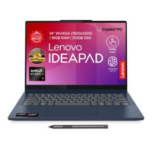 Laptop Lenovo IdeaPad azul con pantalla táctil y lápiz óptico en primer plano.