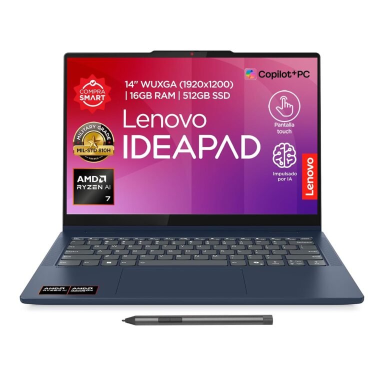 Laptop Lenovo IdeaPad azul con pantalla táctil y lápiz óptico en primer plano.