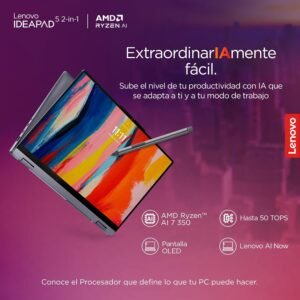 Laptop convertible Lenovo IdeaPad con pantalla táctil activa y lápiz óptico en vista diagonal.