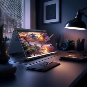 Laptop convertible en modo tienda con lápiz óptico sobre un escritorio.