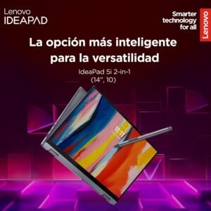 Laptop convertible gris con pantalla táctil y lápiz óptico sobre fondo púrpura geométrico.
