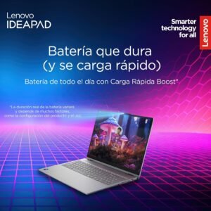 Vista en ángulo de laptop Lenovo IdeaPad gris abierta mostrando pantalla encendida y teclado.