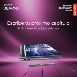 Laptop Lenovo IdeaPad plegada con lápiz digital incluido sobre fondo púrpura.