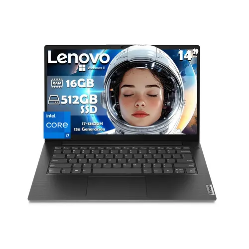 Laptop Lenovo V14 G4 iru mostrando pantalla principal con especificaciones técnicas y fondo de astronauta