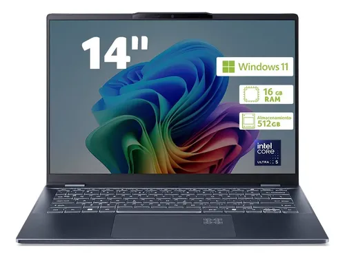 Laptop de 14 pulgadas abierta Laptop de 14 pulgadas mostrando pantalla con especificaciones técnicas y fondo de Windows 11.