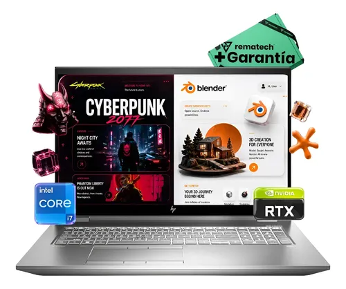 Laptop plateada mostrando pantalla dividida con Cyberpunk 2077 y Blender, logos Intel y Nvidia.