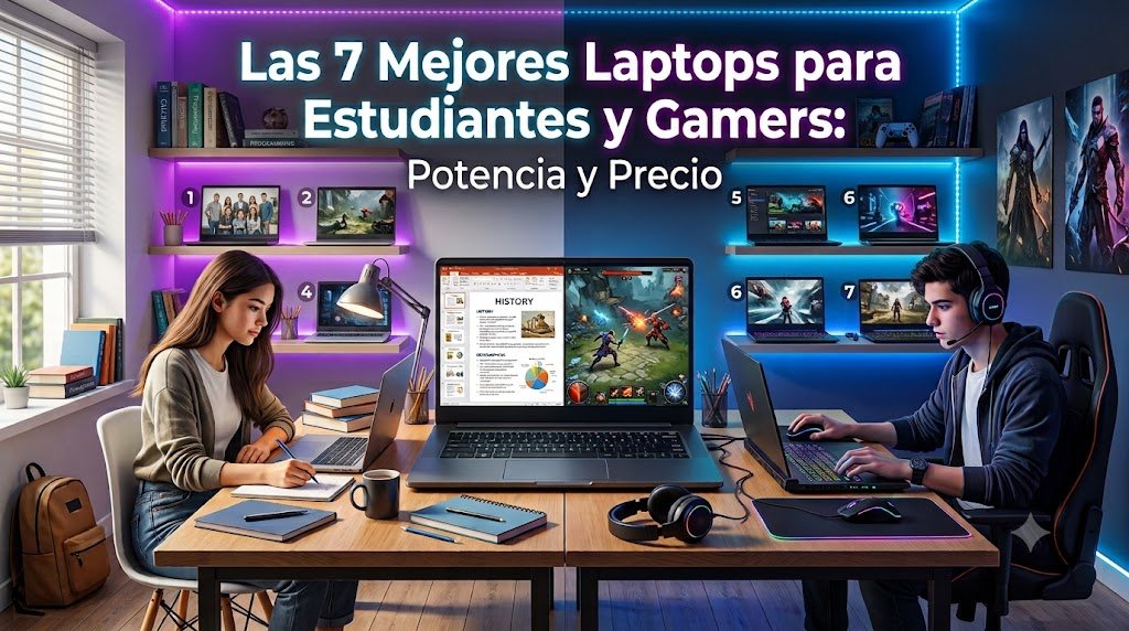 Una infografía dividida para un artículo sobre las 7 mejores laptops que equilibran el estudio y el juego. La imagen muestra a una mujer estudiando a la izquierda y a un hombre jugando a la derecha, con un texto de título grande que dice "Las 7 Mejores Laptops para Estudiantes y Gamers: Potencia y Precio". En el fondo, hay siete laptops numeradas del 1 al 7 exhibidas en estantes, que ilustran una lista de opciones que balancean el rendimiento y el precio