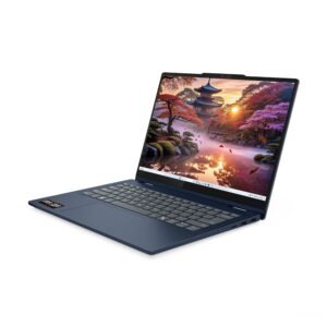 Laptop azul abierta mostrando fondo de pantalla de un paisaje japonés con pagoda.