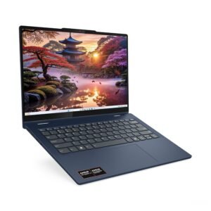 Laptop azul abierta mostrando un fondo de pantalla de un templo japonés al atardecer.