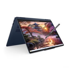Laptop azul en modo tienda con lápiz óptico sobre la pantalla encendida.