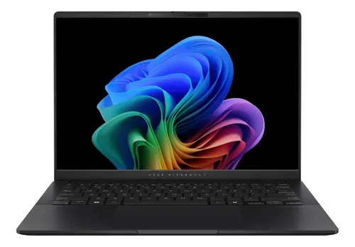 Laptop asus vivobook s core ultra 7 de frente con pantalla OLED encendida mostrando fondo colorido