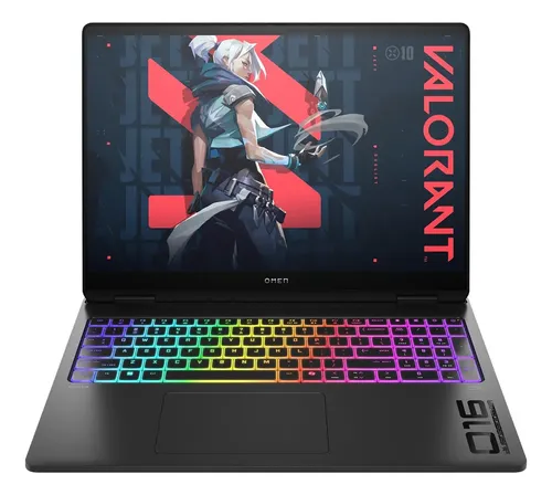 Laptop Gamer HP Omen Frontal Laptop gamer hp omen core ultra 9 mostrando pantalla de juego con teclado retroiluminado RGB