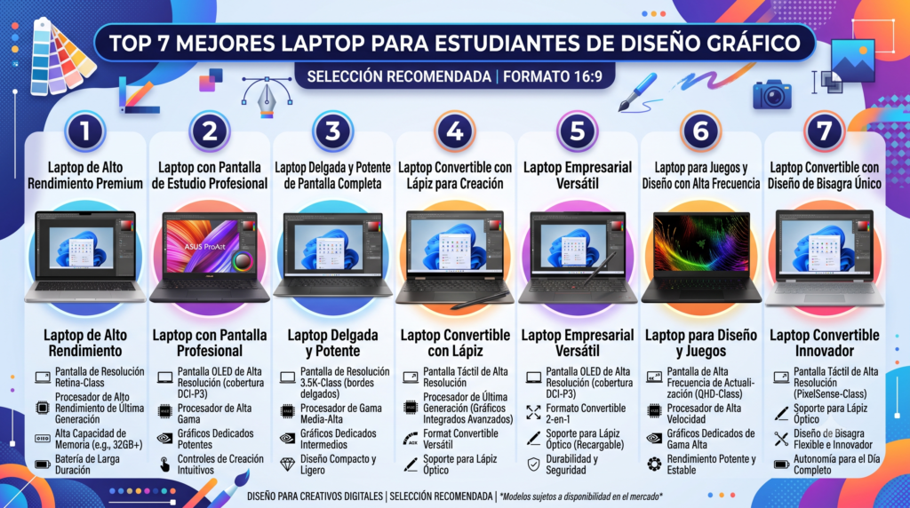 Una infografía detallada que presenta las 7 mejores laptops para estudiantes de diseño gráfico, con categorías como 'Alto Rendimiento', 'Pantalla Profesional' y 'Convertible con Lápiz', y sus características técnicas clave para diseñadores.